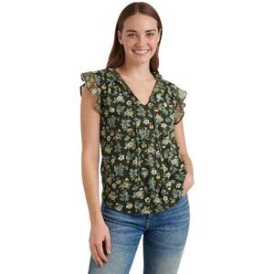 Lucky Brand Olive Green Floral Flutter Sleeve V-Neck Sleeveless Blouse Small EUC